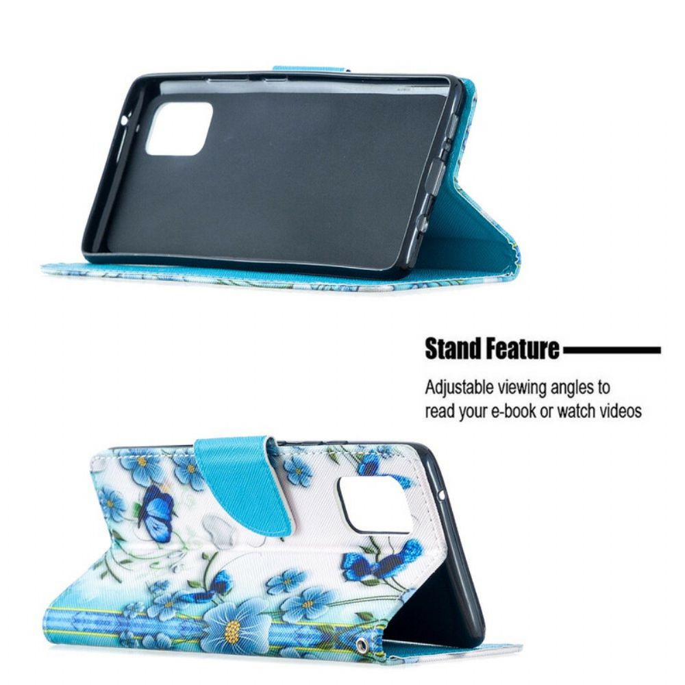 Folio-hoesje voor Samsung Galaxy A51 5G Met Ketting Blauwe Vlinders En Bloemen Met Riem