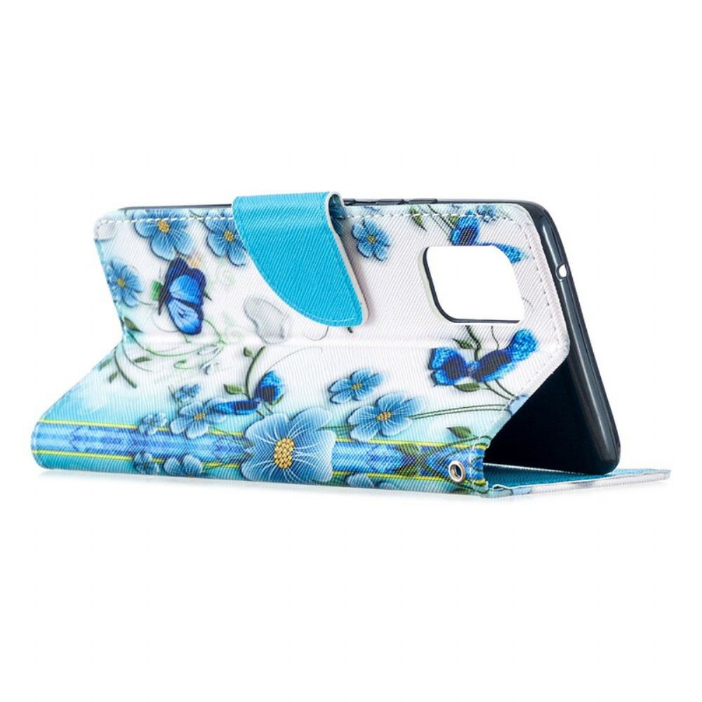 Folio-hoesje voor Samsung Galaxy A51 5G Met Ketting Blauwe Vlinders En Bloemen Met Riem