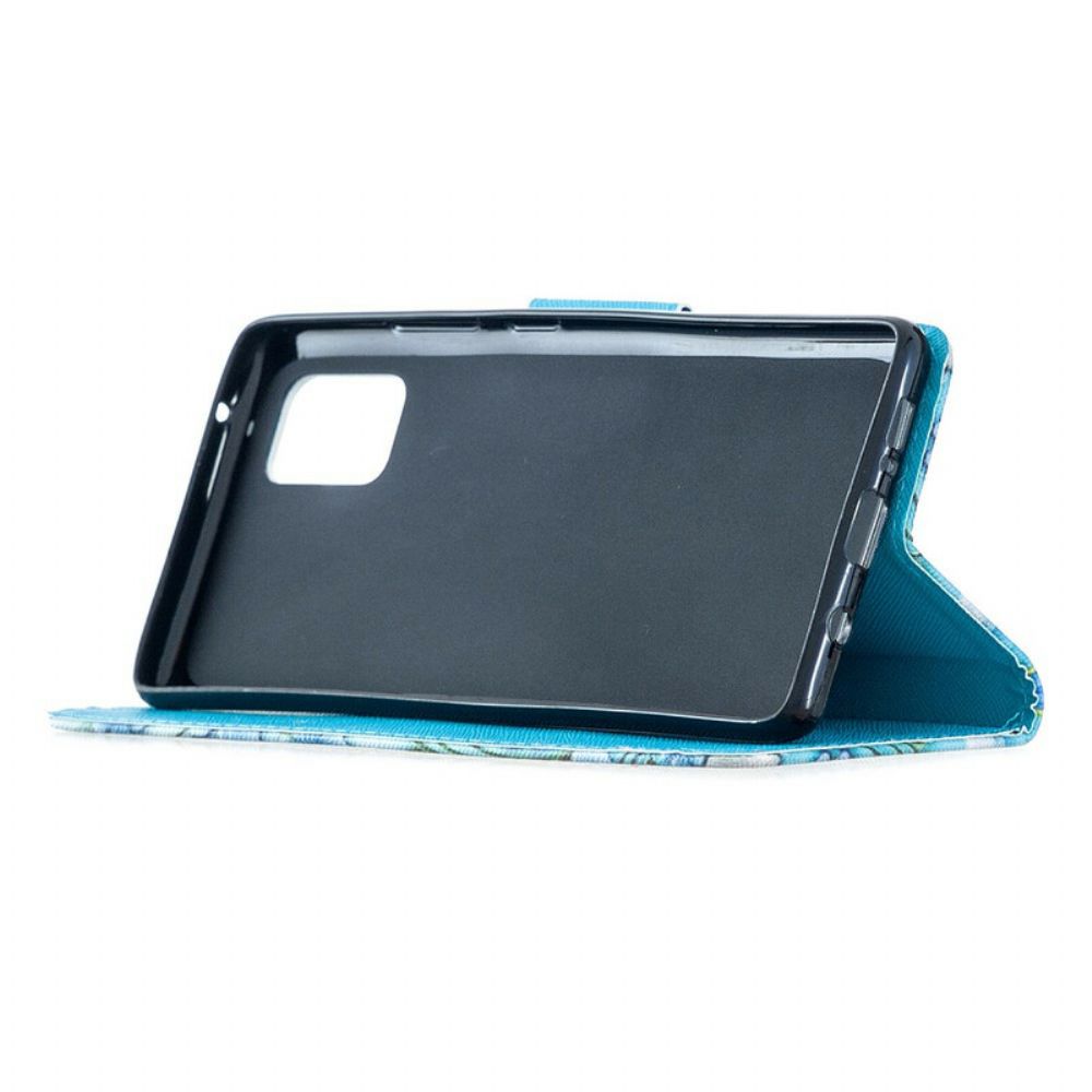 Folio-hoesje voor Samsung Galaxy A51 5G Met Ketting Blauwe Vlinders En Bloemen Met Riem