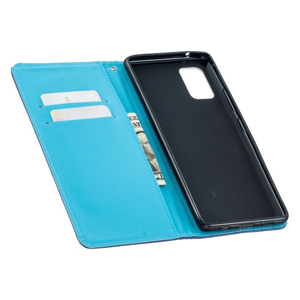 Folio-hoesje voor Samsung Galaxy A51 5G Met Ketting Blauwe Vlinders En Bloemen Met Riem