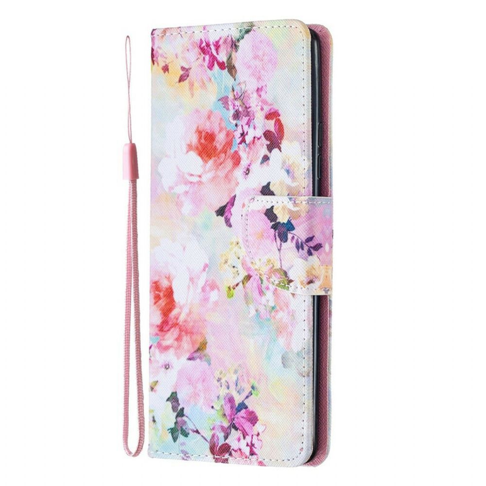 Folio-hoesje voor Samsung Galaxy A51 5G Met Ketting Vintage Floraliën Met Strappy's