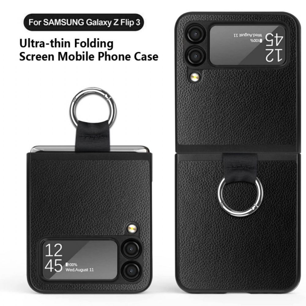 Hoesje voor Samsung Galaxy Z Flip 3 5G Folio-hoesje Litchi Leer Met Ring
