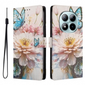 Flip Case Leren Xiaomi Redmi Note 15 Pro Plus 5g Blauwe Bloem En Vlinder