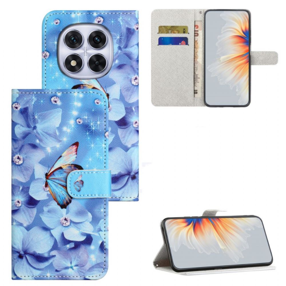 Leren Hoesje Voor Xiaomi Redmi Note 15 Pro Plus 5g Bloemen En Blauwe Vlinders