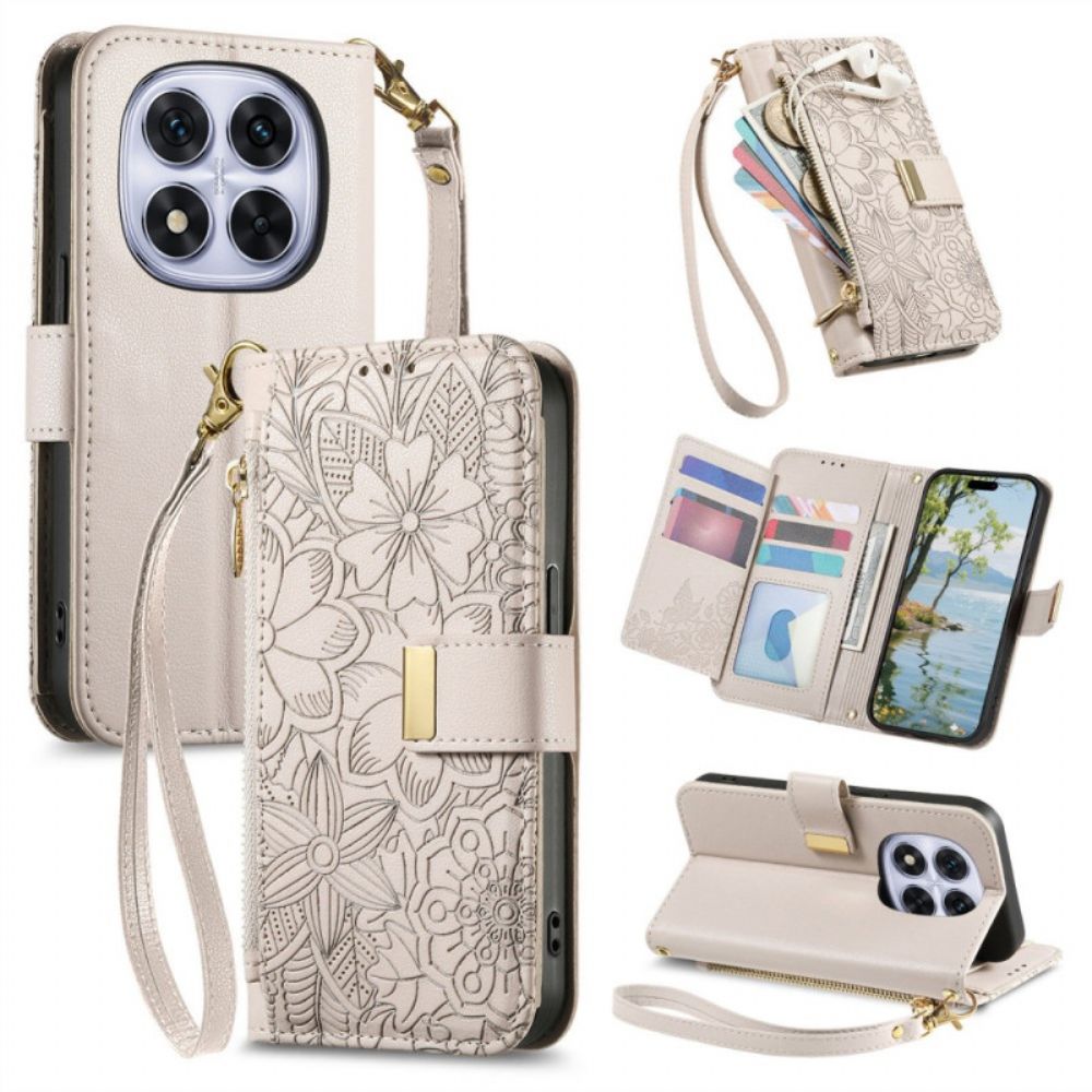 Leren Hoesje Voor Xiaomi Redmi Note 15 Pro Plus 5g Bloemenpatroon En Zakje Met Rits