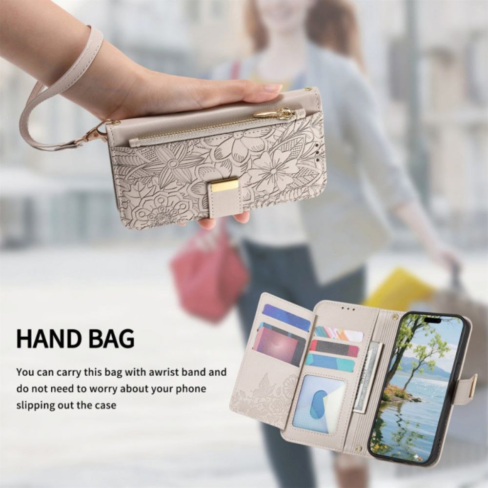 Leren Hoesje Voor Xiaomi Redmi Note 15 Pro Plus 5g Bloemenpatroon En Zakje Met Rits