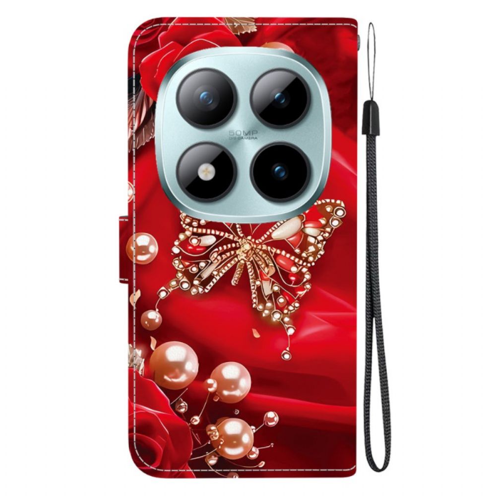 Leren Hoesje Voor Xiaomi Redmi Note 15 Pro Plus 5g Rode Parelvlinder