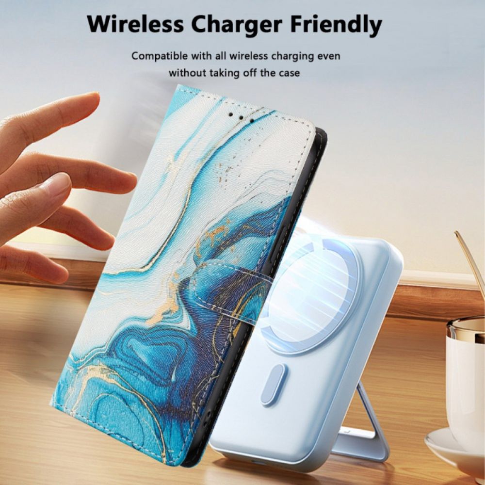 Leren Hoesje Xiaomi Redmi Note 15 Pro Plus 5g Blauw Marmer Bescherming Hoesje