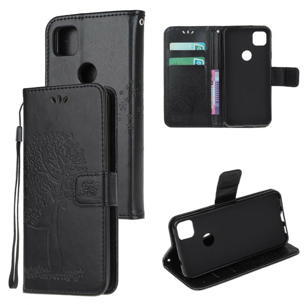 Folio-hoesje voor Google Pixel 4a Met Ketting Boom En Uilen Met Bandjes