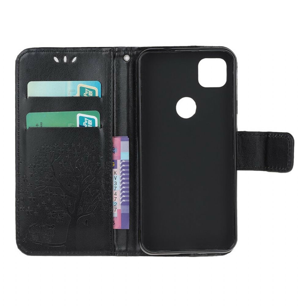 Folio-hoesje voor Google Pixel 4a Met Ketting Boom En Uilen Met Bandjes