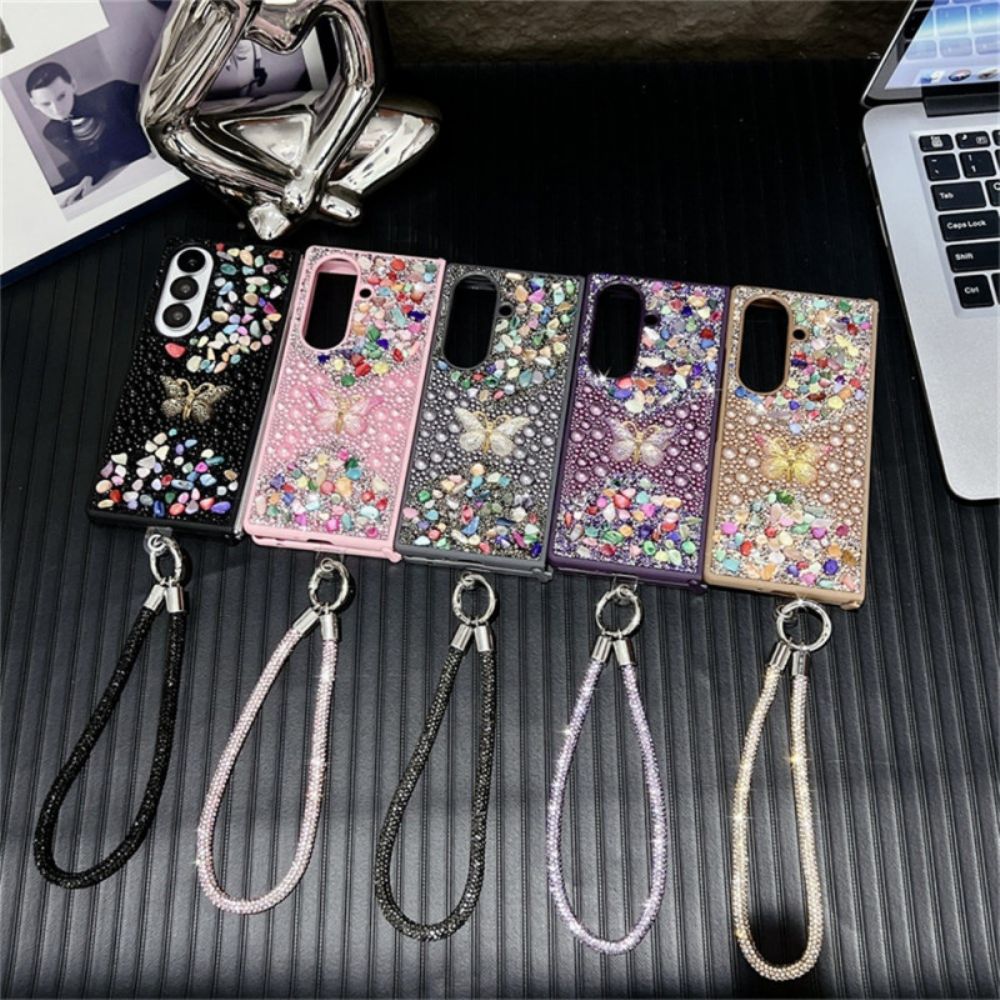 Hoesje Samsung Galaxy Z Fold 7 Vlinder Met Strasssteentjes En Riem Bescherming Hoesje