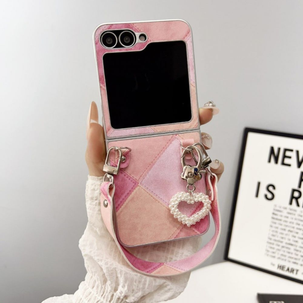 Case Hoesje Samsung Galaxy Z Flip 7 Fe Telefoonhoesje Diamantpatroon Met Bandje