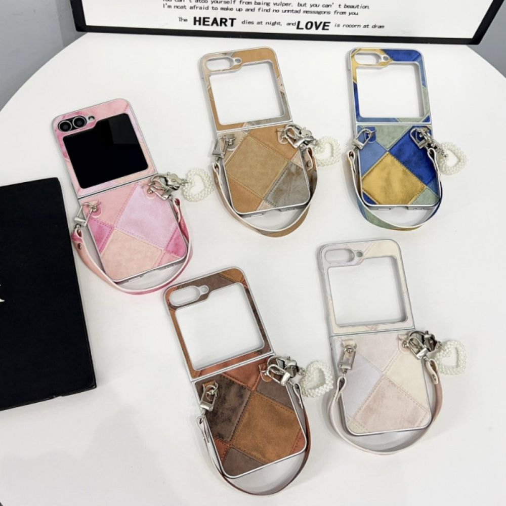 Case Hoesje Samsung Galaxy Z Flip 7 Fe Telefoonhoesje Diamantpatroon Met Bandje