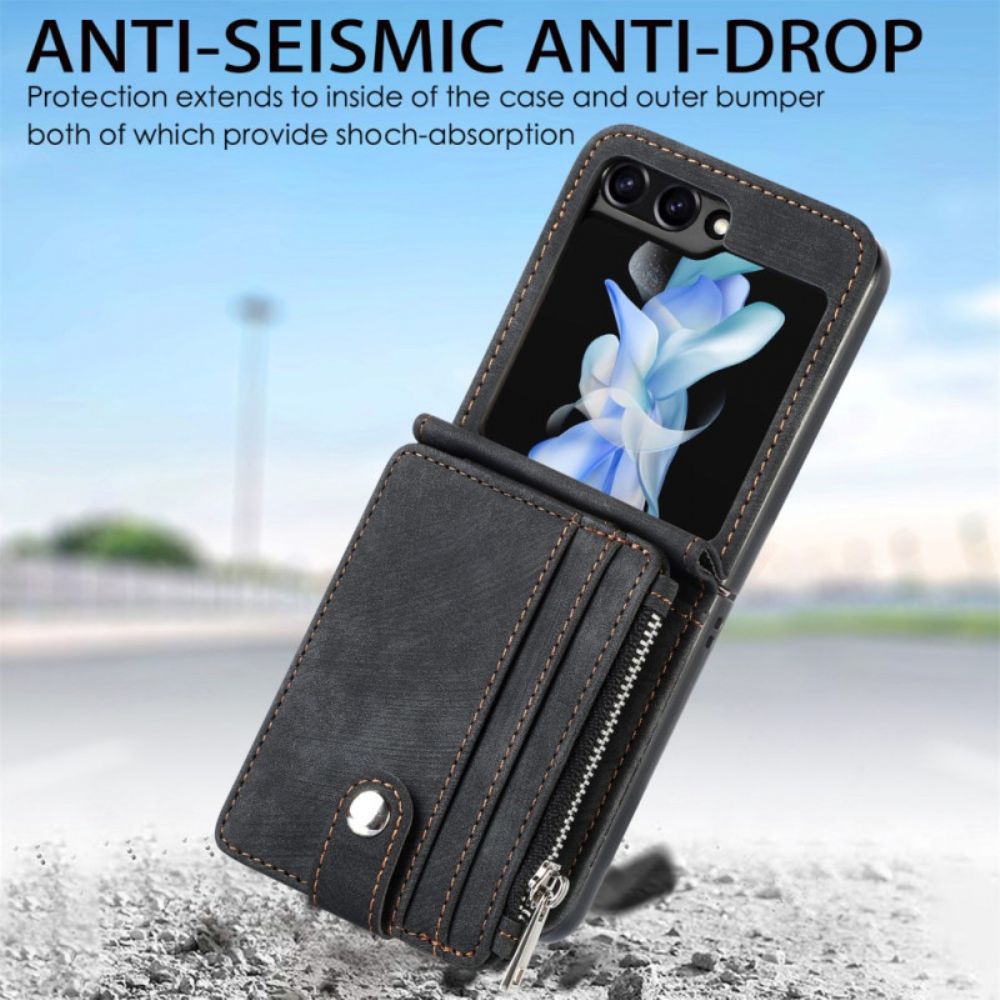 Hoesje Voor Samsung Galaxy Z Flip 7 Fe Retro Standaard En Kaarthouder Met Rits