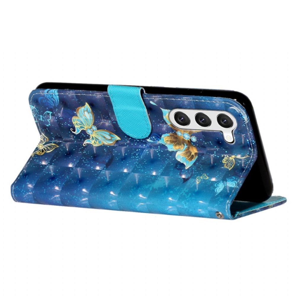 Leren Hoesje Samsung Galaxy S24 5g Blauwe En Gouden Vlinders Met Koord Bescherming Hoesje