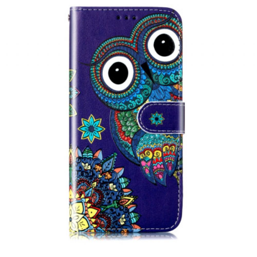 Leren Hoesje Samsung Galaxy S24 5g Blauwe Uil Met Riem Bescherming Hoesje