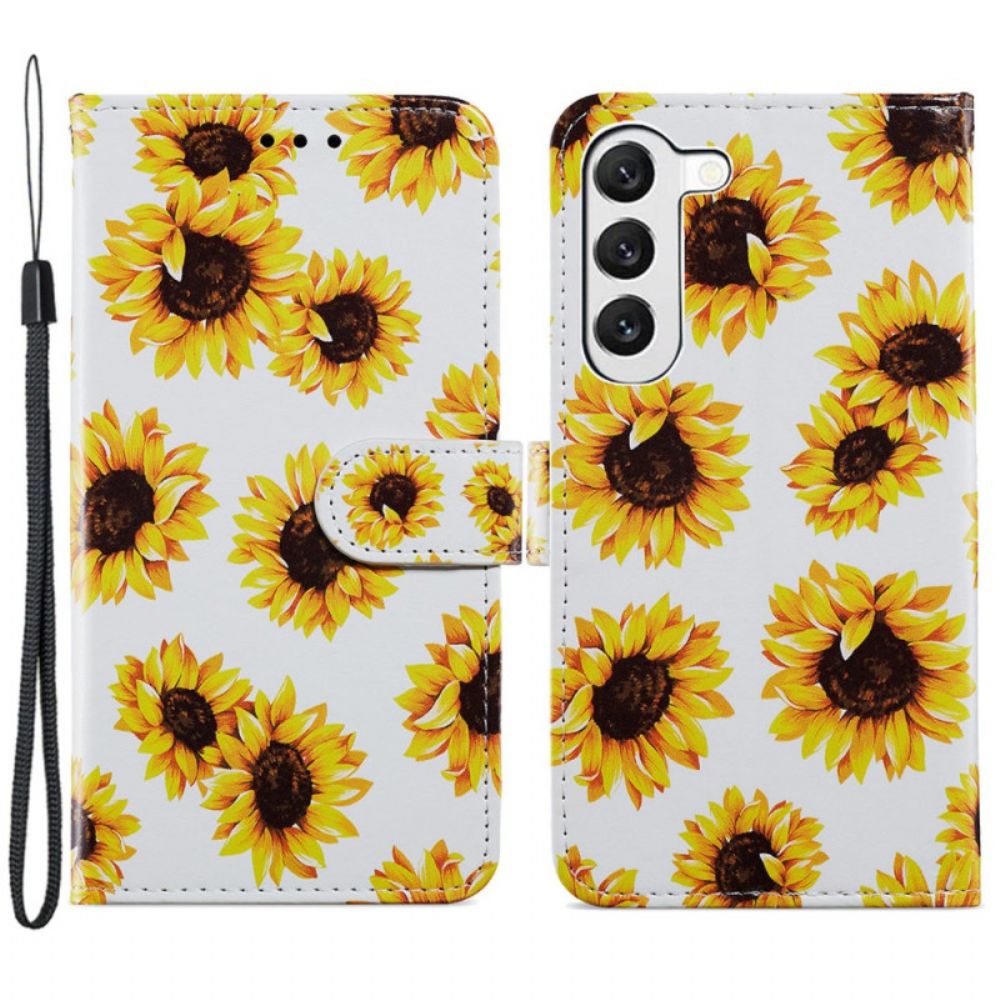 Leren Hoesje Samsung Galaxy S24 5g Riem Zonnebloemen Bescherming Hoesje