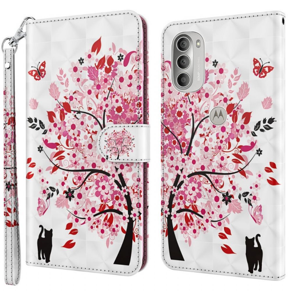 Flip Case voor Moto G51 5G Roze Boom En Zwarte Kat