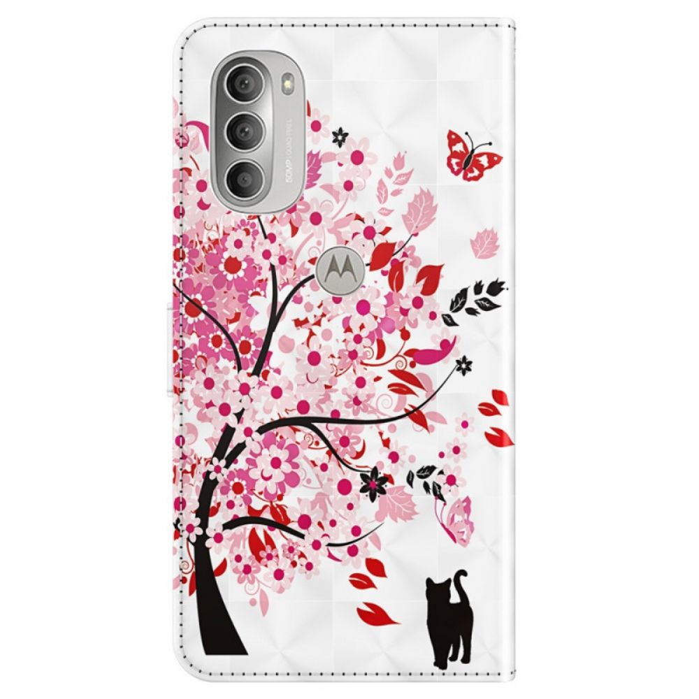 Flip Case voor Moto G51 5G Roze Boom En Zwarte Kat