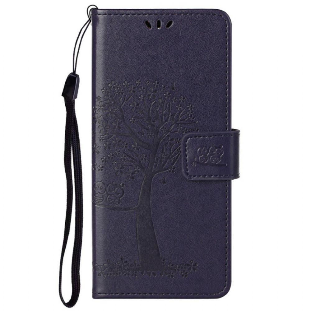 Leren Hoesje voor Moto G51 5G Met Ketting Boom En Uilen Met Bandjes