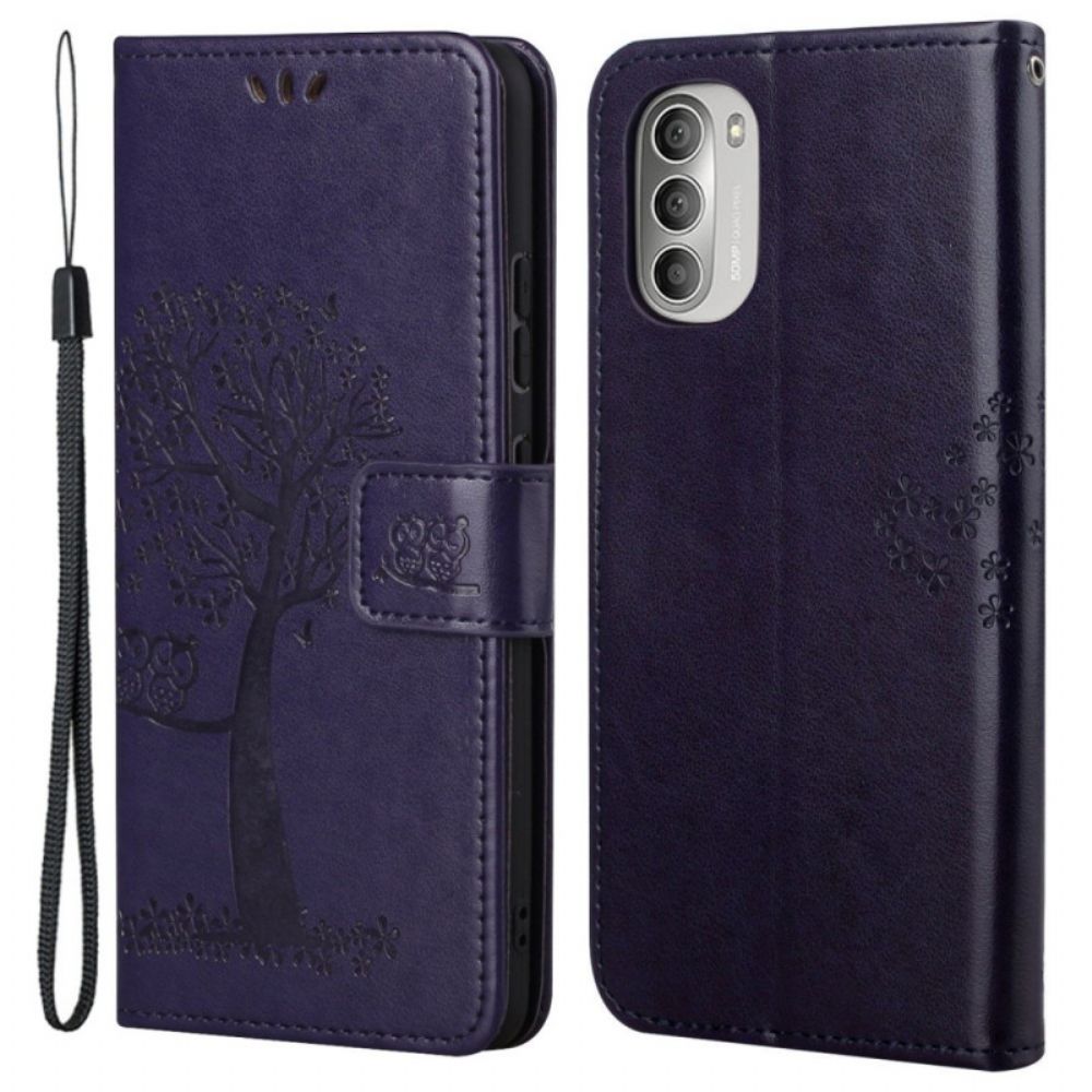 Leren Hoesje voor Moto G51 5G Met Ketting Boom En Uilen Met Bandjes