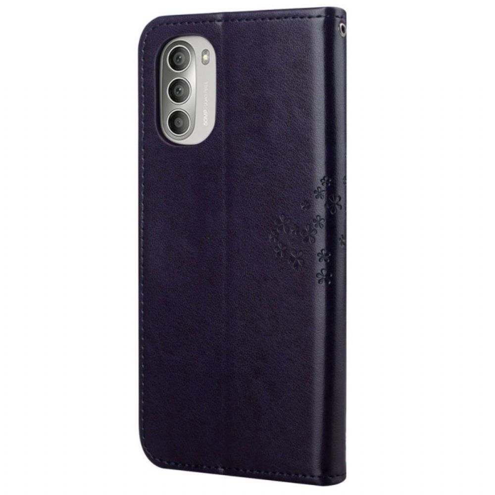 Leren Hoesje voor Moto G51 5G Met Ketting Boom En Uilen Met Bandjes