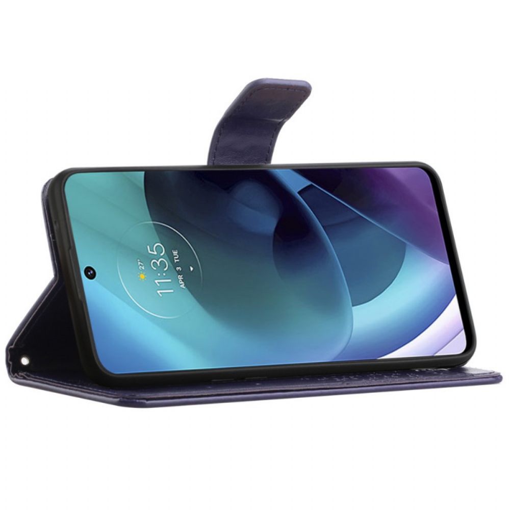 Leren Hoesje voor Moto G51 5G Met Ketting Boom En Uilen Met Bandjes