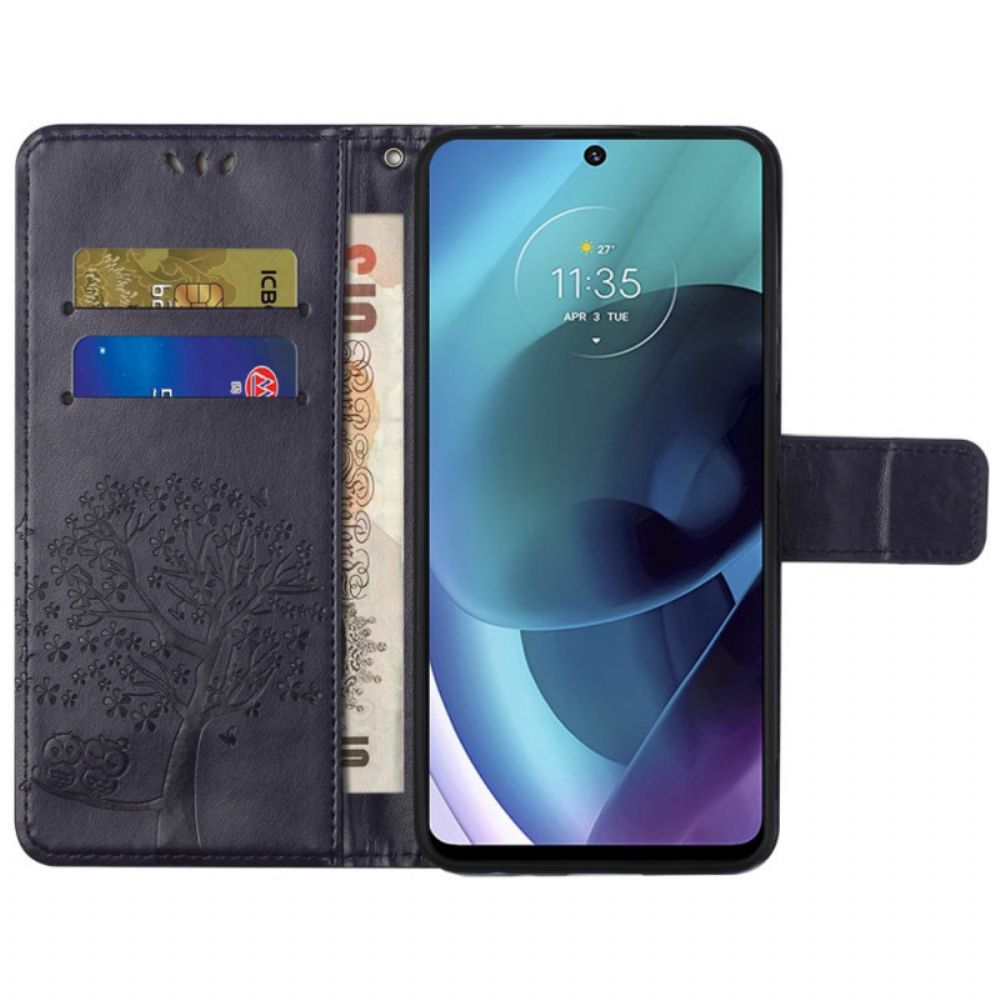 Leren Hoesje voor Moto G51 5G Met Ketting Boom En Uilen Met Bandjes
