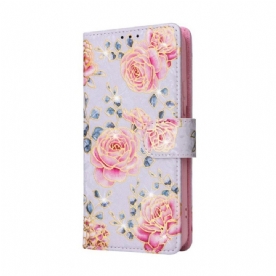 Leren Hoesje voor Samsung Galaxy S23 5G Rfid-bloemen Met Sleutelkoord