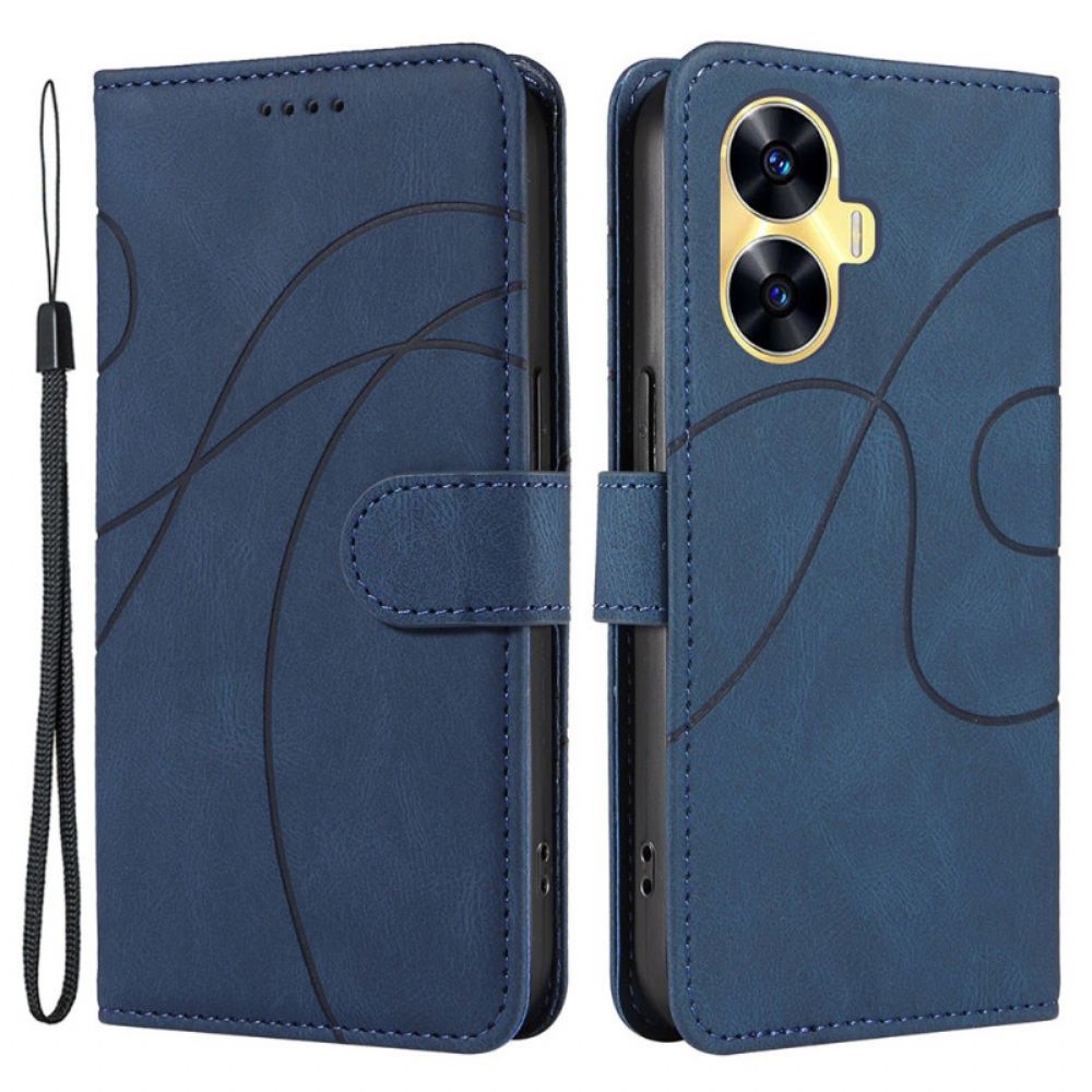 Flip Case Leren Realme C55 Golvende Lijnen Met Koord