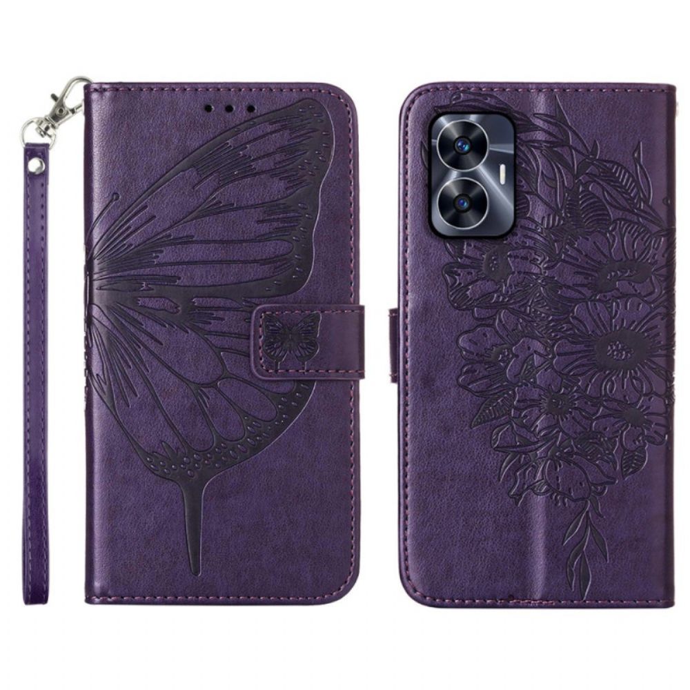 Folio-hoesje Realme C55 Portemonnee Met Bandje En Bloemen- En Vlinderpatroon