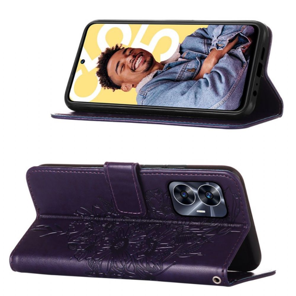 Folio-hoesje Realme C55 Portemonnee Met Bandje En Bloemen- En Vlinderpatroon