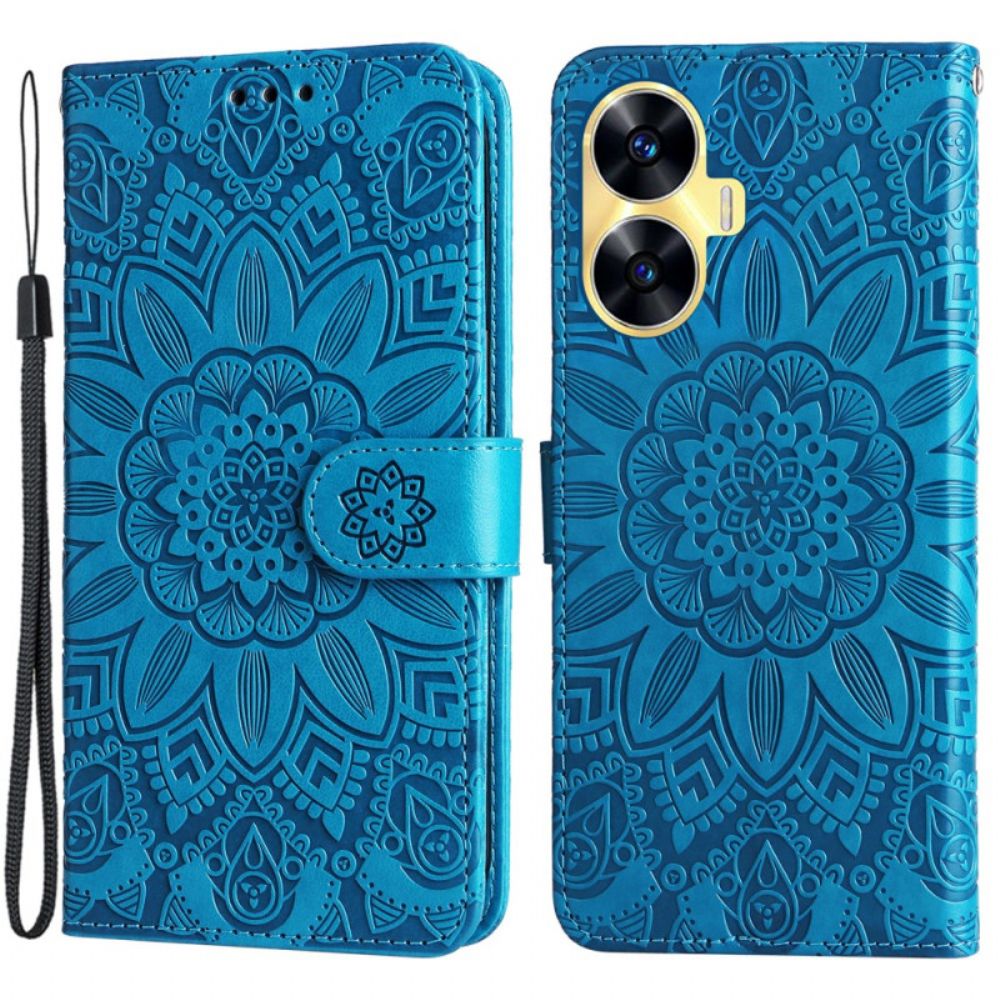 Leren Hoesje Realme C55 Bandje Met Zonnebloemprint Bescherming Hoesje