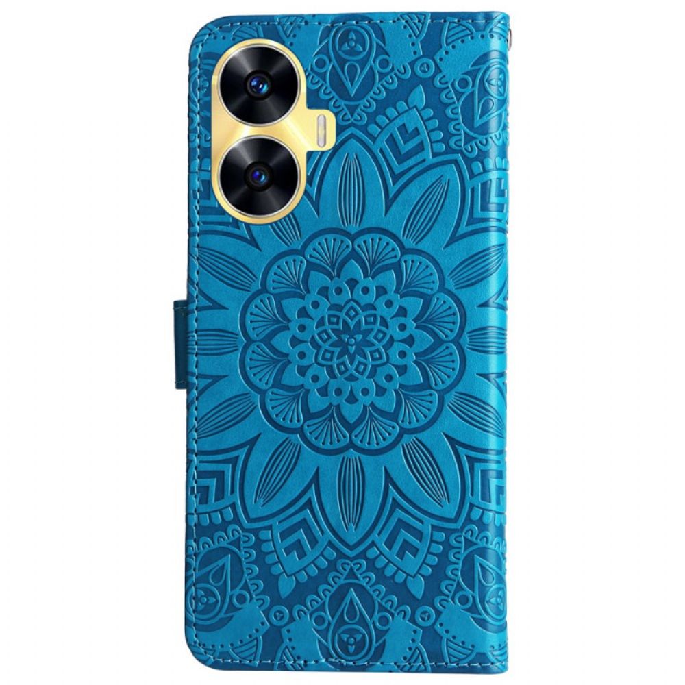 Leren Hoesje Realme C55 Bandje Met Zonnebloemprint Bescherming Hoesje