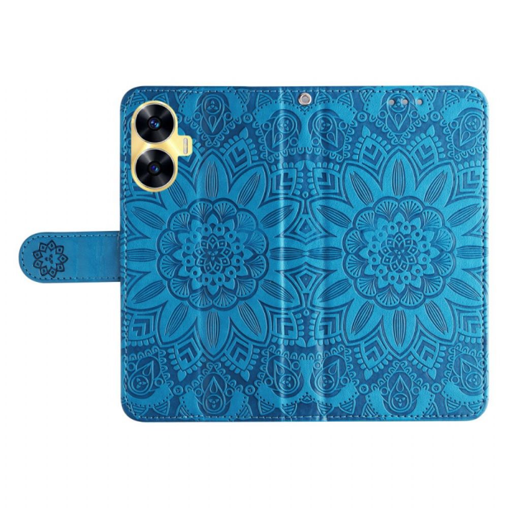 Leren Hoesje Realme C55 Bandje Met Zonnebloemprint Bescherming Hoesje