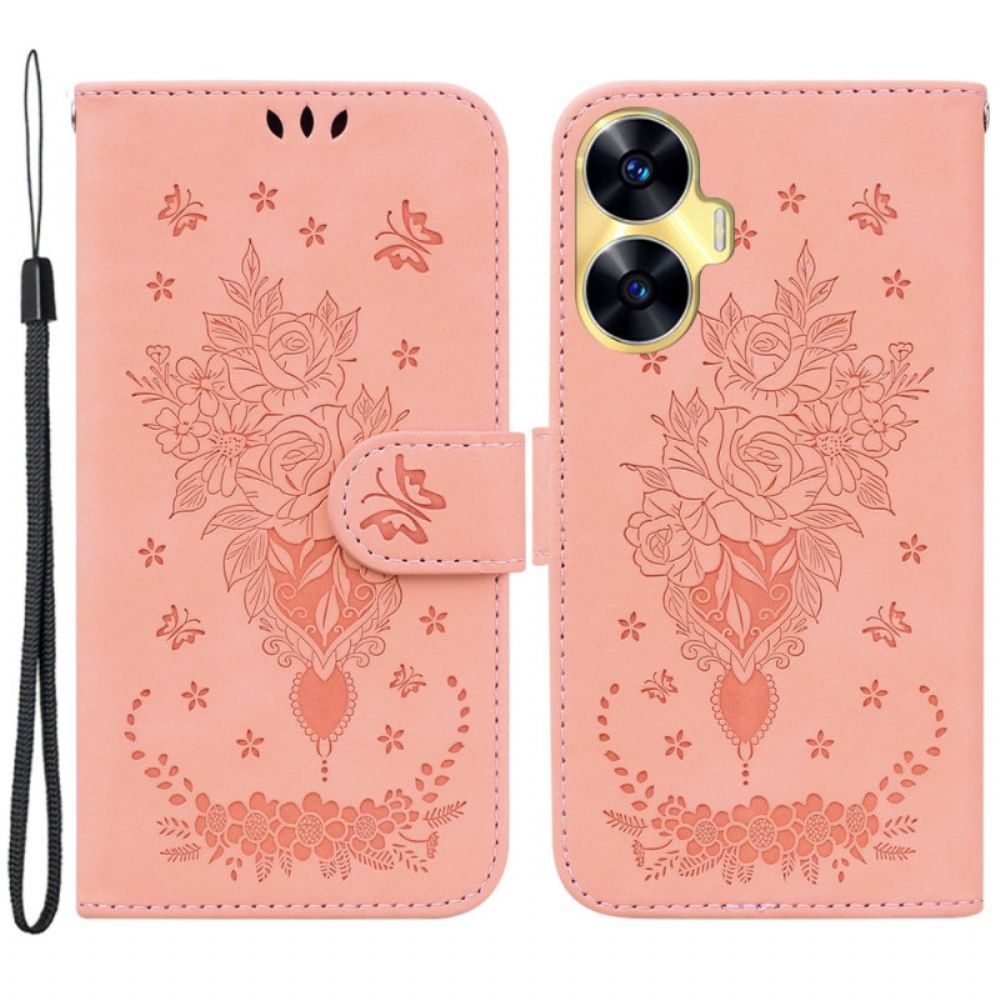 Leren Hoesje Realme C55 Rozen En Vlinders Patroon Bescherming Hoesje