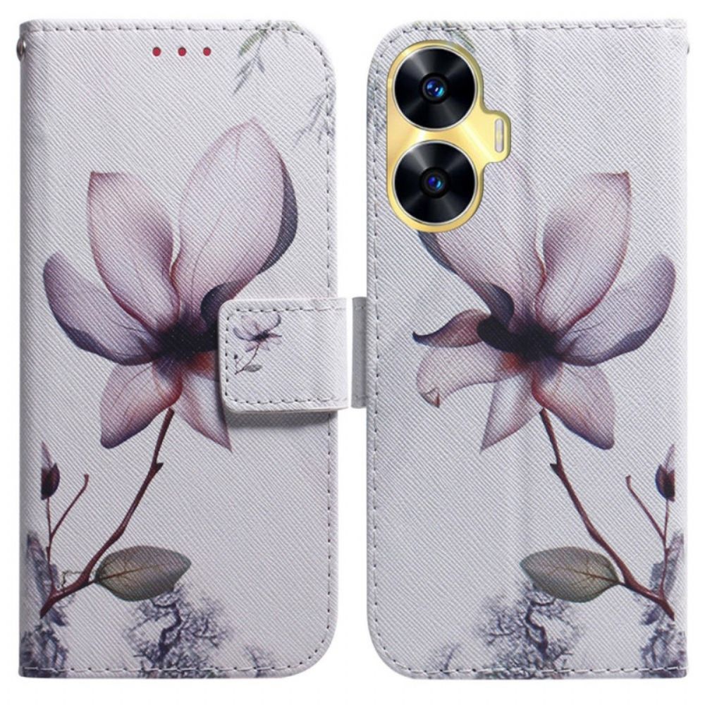 Leren Hoesje Voor Realme C55 Roze Bloem