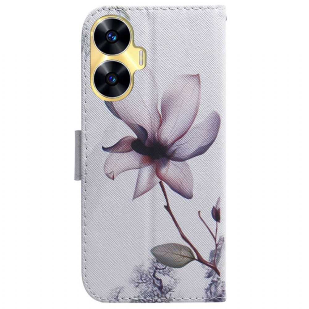 Leren Hoesje Voor Realme C55 Roze Bloem