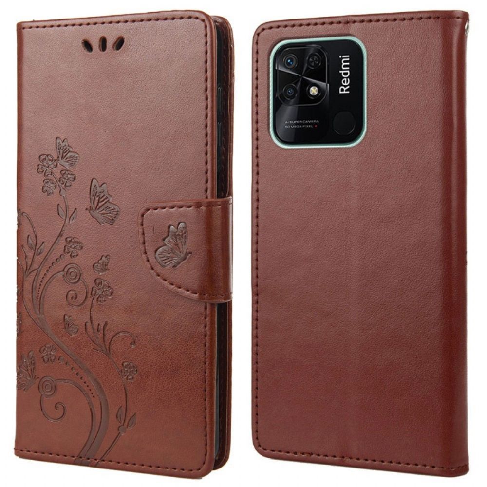 Folio-hoesje voor Xiaomi Redmi 10C Met Ketting Thong Vlinders En Bloemen
