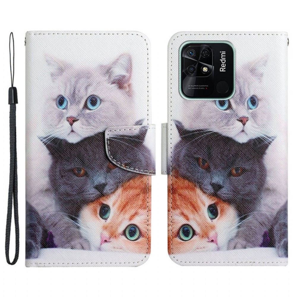Leren Hoesje voor Xiaomi Redmi 10C Met Ketting Alleen Strappy Cats