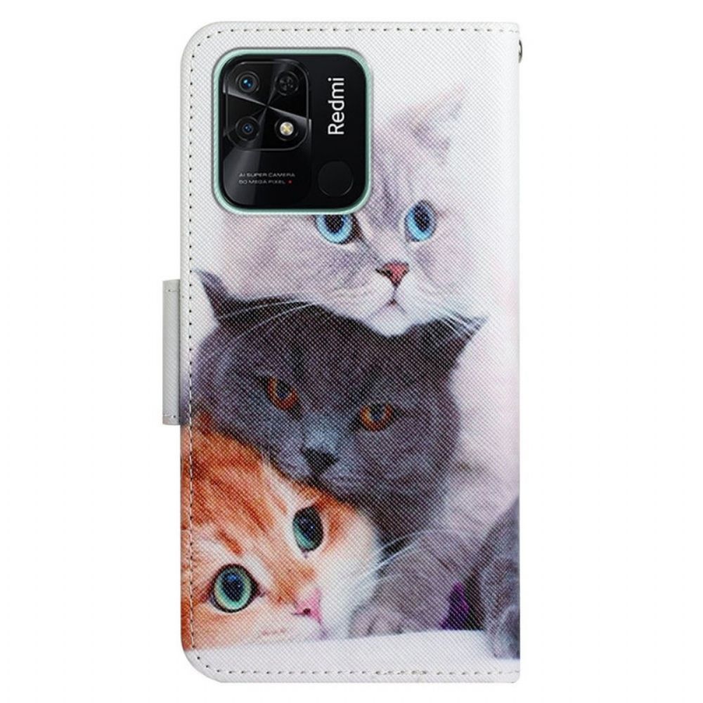 Leren Hoesje voor Xiaomi Redmi 10C Met Ketting Alleen Strappy Cats