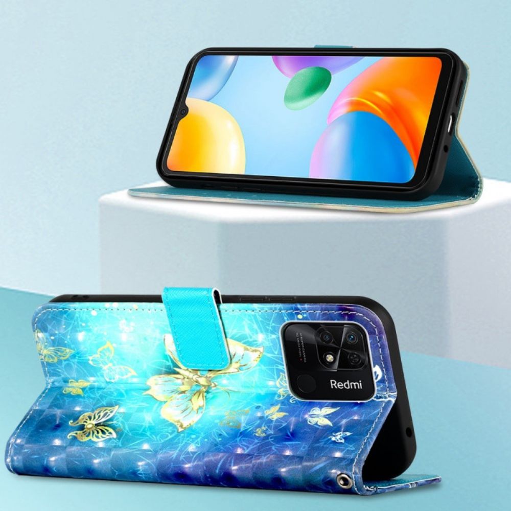 Leren Hoesje voor Xiaomi Redmi 10C Met Ketting Mooie Vlinders Met Riem