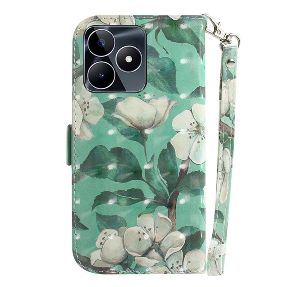 Folio-hoesje Realme C53 Houder Met Aquarelbloemen En Koord