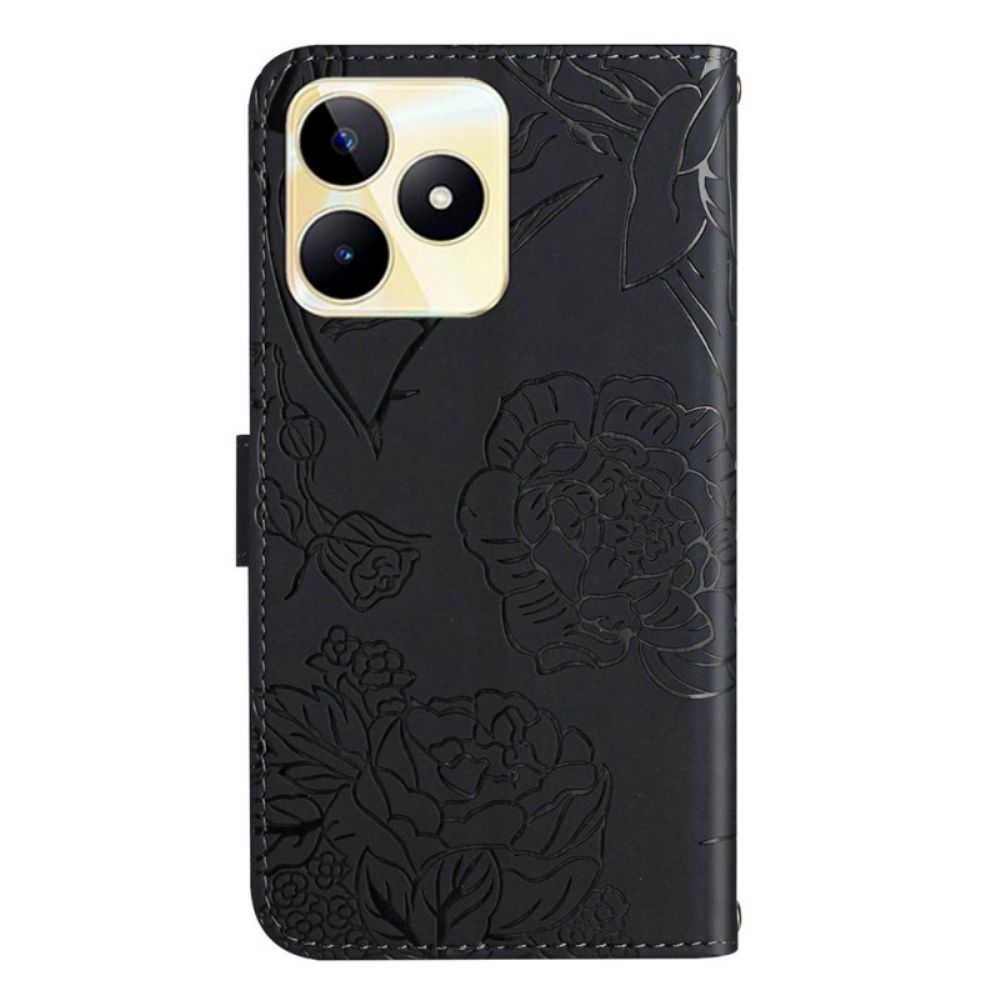 Folio-hoesje Realme C53 Telefoonhoesje Vlinderprint Met Schouderband