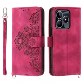 Leren Hoesje Voor Realme C53 Bloemenprint Met Bandje En Schouderbandje