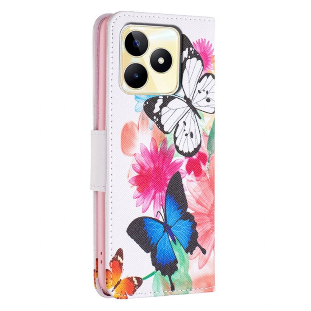 Leren Hoesje Voor Realme C53 Twee Aquarelvlinders