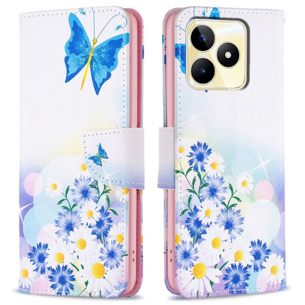 Leren Hoesje Voor Realme C53 Vlinder En Bloemen Aquarel