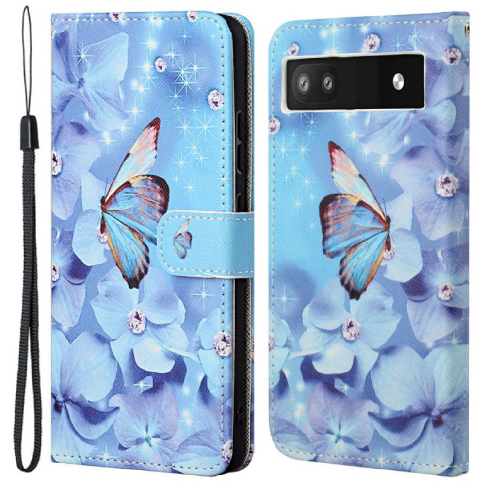Flip Case voor Google Pixel 6A Met Ketting Thong Vlinders
