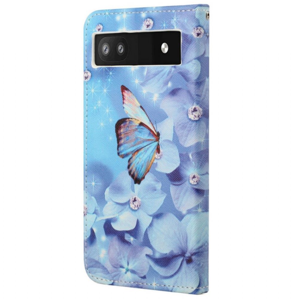 Flip Case voor Google Pixel 6A Met Ketting Thong Vlinders