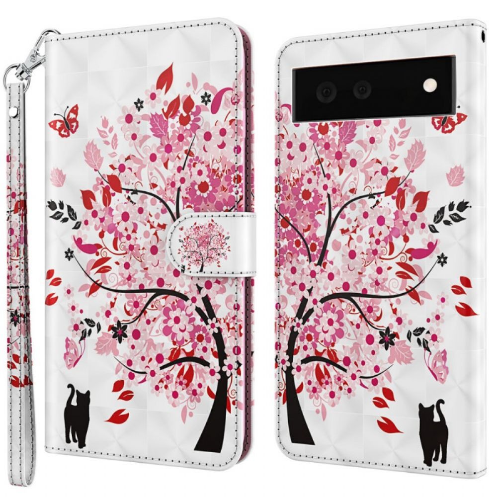 Folio-hoesje voor Google Pixel 6A Met Ketting Boom En Kat Met Bandjes